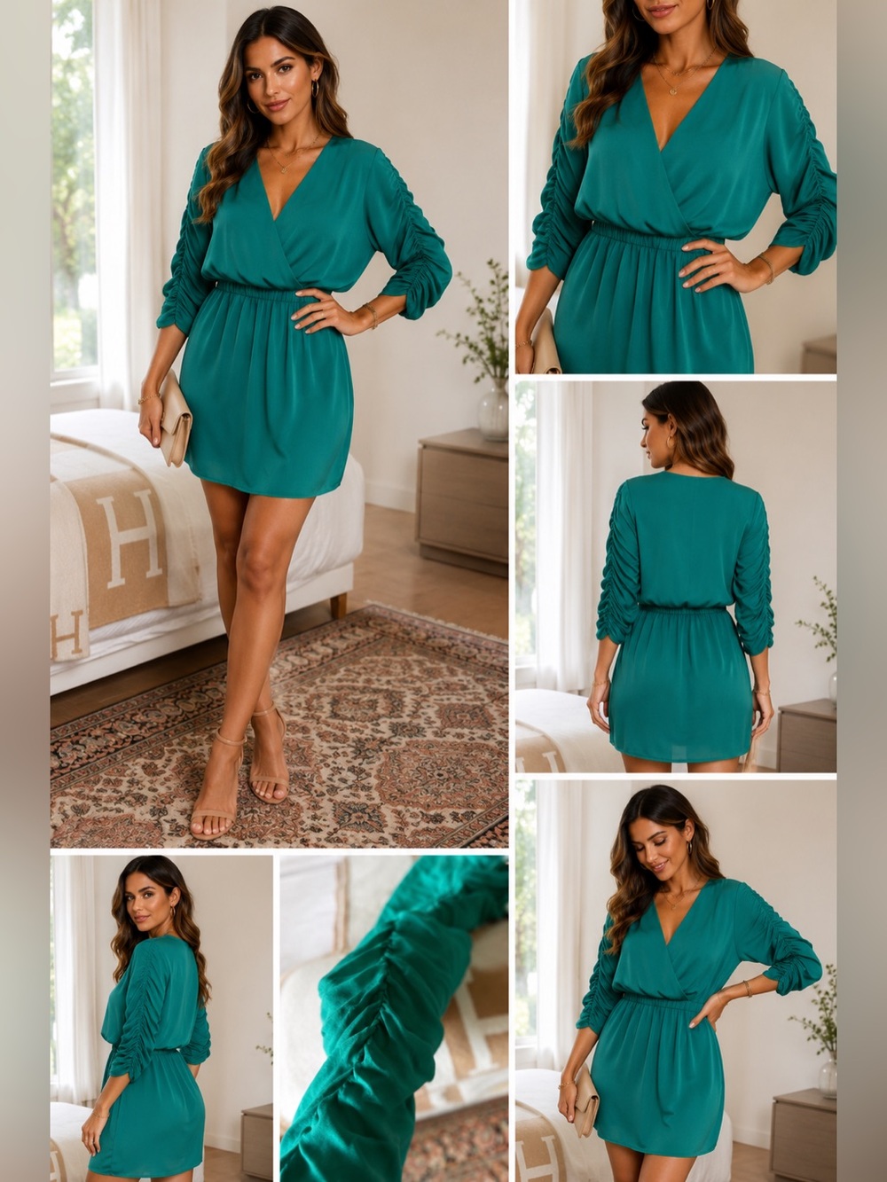 Parker 100% Silk Emerald Green Faux Wrap Mini Dress Dolman Sleeve Size S